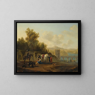 Gerrit Adriaensz Berckheyde - An Extensive Italianate River Landscape With Travellers Resting On A Path.webp