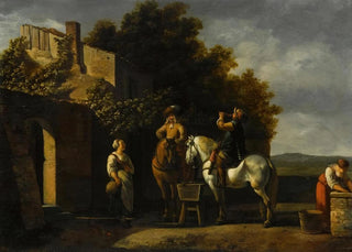Gerrit Adriaensz Berckheyde - Cavaliers On Horseback Resting Outside An Inn With A Courtyard Beyond.webp