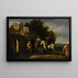 Gerrit Adriaensz Berckheyde - Cavaliers On Horseback Resting Outside An Inn With A Courtyard Beyond.webp