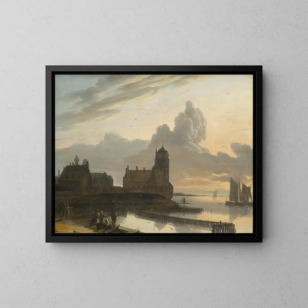 Paesaggio fluviale tedesco con una città - Gerrit Adriaensz Berckheyde — quadro incorniciato alla parete