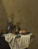 Naturstillleben mit einer Zinnkaraffe, Kelchen und einem Schinken zusammen auf einem Tisch mit weißer Tischdecke - Gerrit van Vucht — Ansicht des Kunstwerks