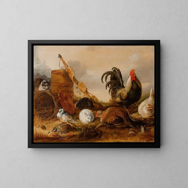 Tiere im Hof - Gijsbert Gillisz de Hondecoeter — gerahmtes Bild an der Wand