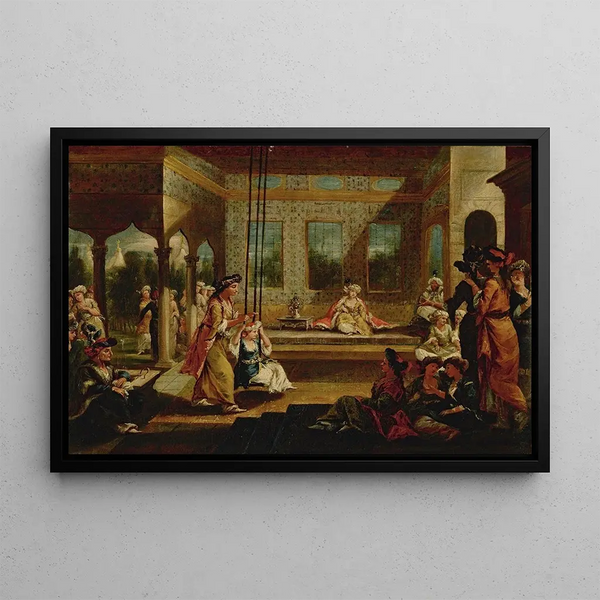 Giovanni Antonio Guardi - A Harem Scene With Soldiers Smoking And Odalisques Relaxing And Playing On a Swing In An Interior Courtyard.webp