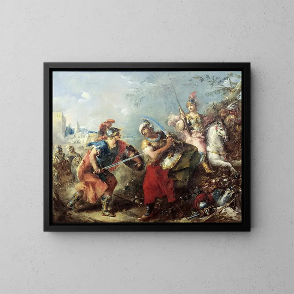 Der Kampf zwischen Tancrède und Argante mit Clorinde im Hintergrund - Giovanni Antonio Guardi — gerahmtes Bild an der Wand