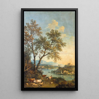 Giovanni Battista Cimaroli - A river landscape with a herdsman in the foreground and a village beyond.webp