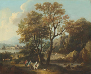 Giovanni Battista Cimaroli - A river landscape with travellers on a path.webp