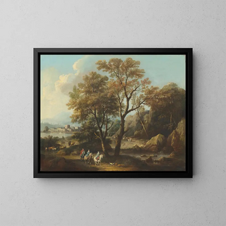 Giovanni Battista Cimaroli - A river landscape with travellers on a path.webp