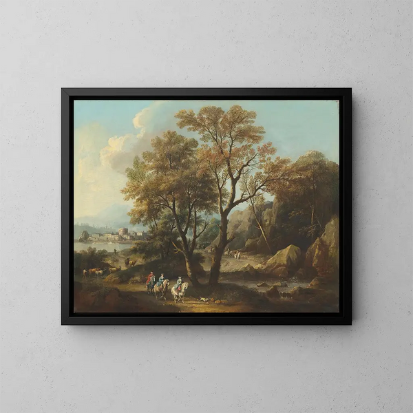 Ein Flusslandschaft mit Reisenden auf einem Weg - Giovanni Battista Cimaroli — gerahmtes Bild an der Wand