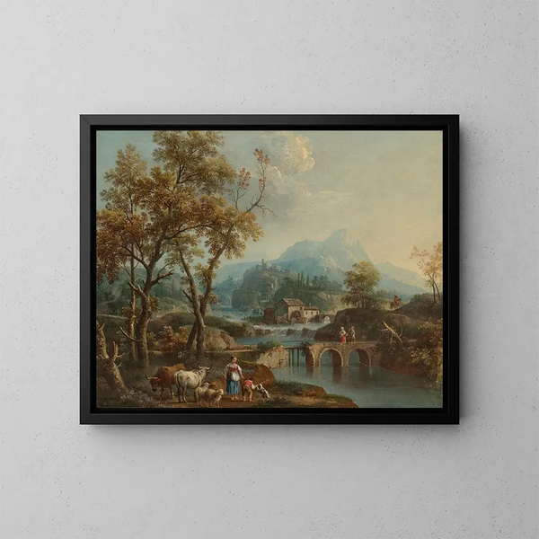 Ein landschaftliches italienisches Seengebiet mit Reisenden, die eine Brücke überqueren, und einer Stadt am See im Hintergrund - Giovanni Battista Cimaroli — gerahmtes Bild an der Wand