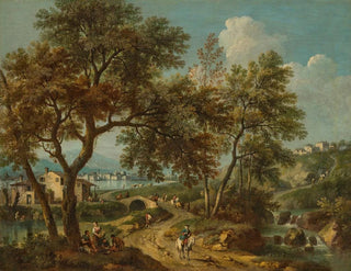 Giovanni Battista Cimaroli - An Italianate landscape with a view of Lake Garda and Salo in the distance with figures on a bridge.webp
