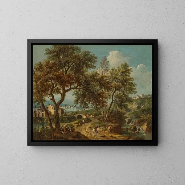 Ein Landschaft im italienischen Stil mit Blick auf den Gardasee und Salò in der Ferne, mit Figuren auf einer Brücke - Giovanni Battista Cimaroli — gerahmtes Bild an der Wand