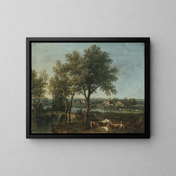 Flusslandschaft mit einem Hirten und einer Herde - Giovanni Battista Cimaroli — gerahmtes Bild an der Wand