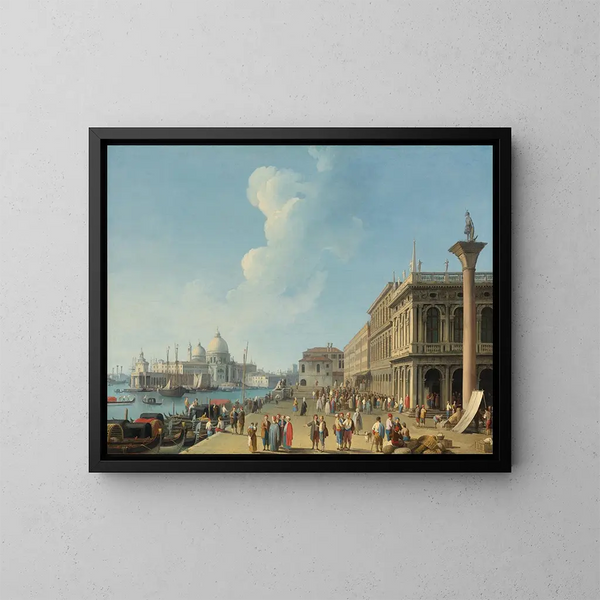 Venedig, Blick von der Piazzetta nach Westen in Richtung Dogana und Santa Maria della Salute, mit der Zecca, der Sansovino-Bibliothek und der Säule des Heiligen Theodor - Giovanni Battista Cimaroli — gerahmtes Bild an der Wand