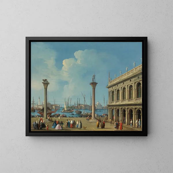 Venedig, Blick vom Kai aus der Piazzetta in südlicher Richtung zu San Giorgio Maggiore mit den Säulen von San Marco und San Teodoro sowie der Sansoviniana-Bibliothek - Giovanni Battista Cimaroli — gerahmtes Bild an der Wand