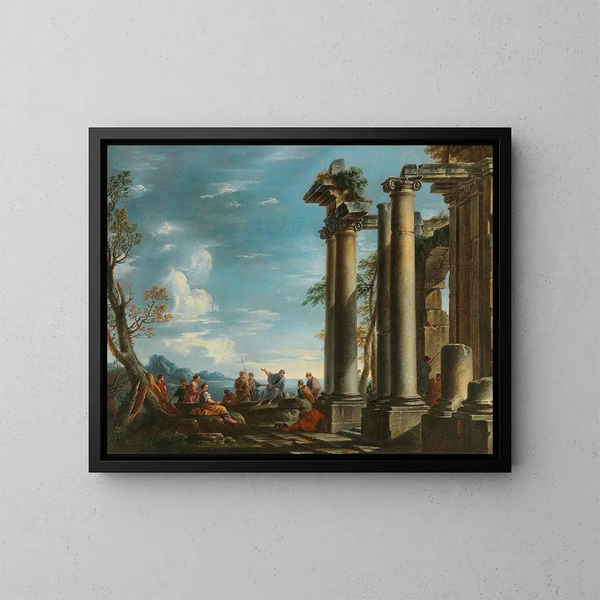 Un paesaggio costiero con figure vicino a una rovina classica - Giovanni Ghisolfi — quadro incorniciato alla parete
