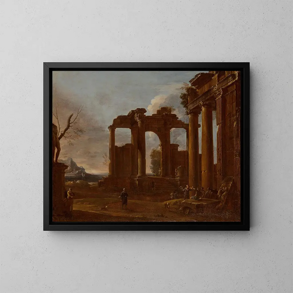 Due templi classici in rovina con bassorilievo di statua e figure - Giovanni Ghisolfi — quadro incorniciato alla parete