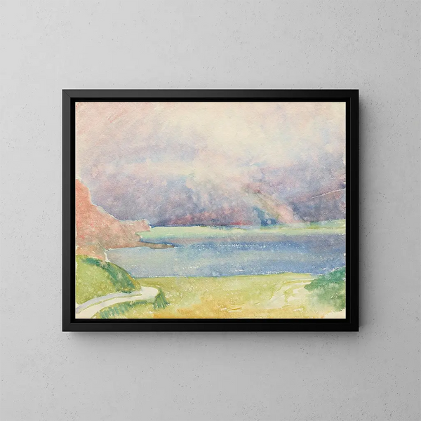 Vista di Maloja sul lago di Sils con arcobaleno - Giovanni Giacometti — quadro incorniciato alla parete