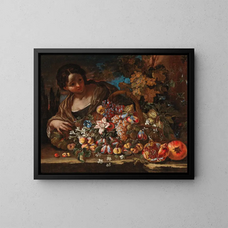 Giovanni Paolo Castelli - Flowers and fruit on a stone ledge with a young woman.webp