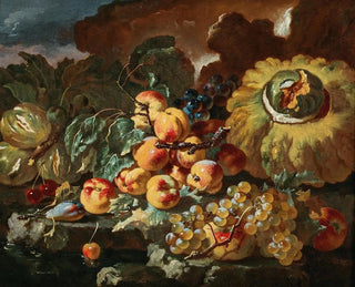 Giovanni Paolo Castelli - Peaches apples plums and cherries by a pumpkin on a stone ledge.webp