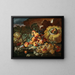 Pesche, mele, prugne e ciliegie su un bordo di pietra con una zucca - Giovanni Paolo Castelli — quadro incorniciato alla parete