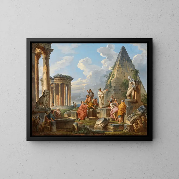 Un caprice con san Paolo che predica ai Romani con il tempio di Vesta e la piramide di Caius Cestius - Giovanni Paolo Panini — quadro incorniciato alla parete