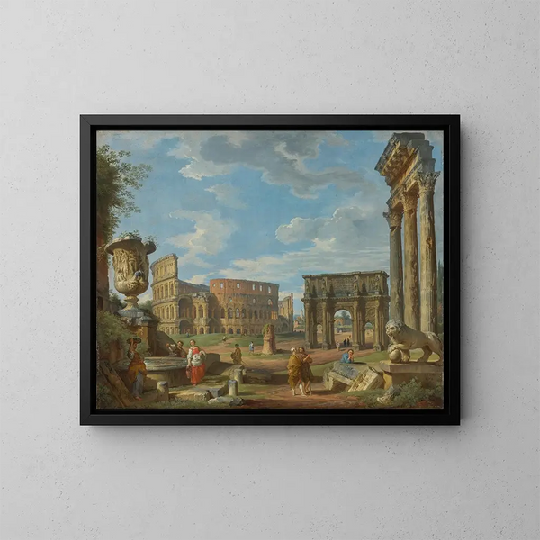 Caprice sui monumenti romani con il Colosseo e l'arco di Costantino - Giovanni Paolo Panini — quadro incorniciato alla parete