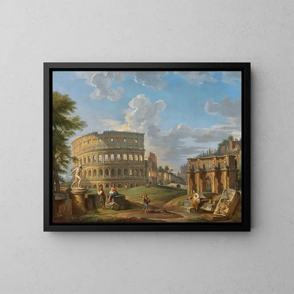 Paesaggio con il Colosseo e l'Arco di Costantino a Roma - Giovanni Paolo Panini — quadro incorniciato alla parete