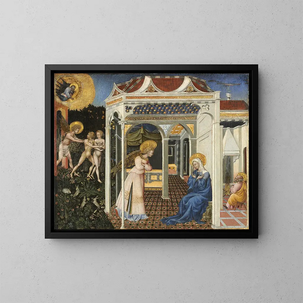 Die Verkündigung und die Vertreibung aus dem Paradies - Giovanni di Paolo — gerahmtes Bild an der Wand