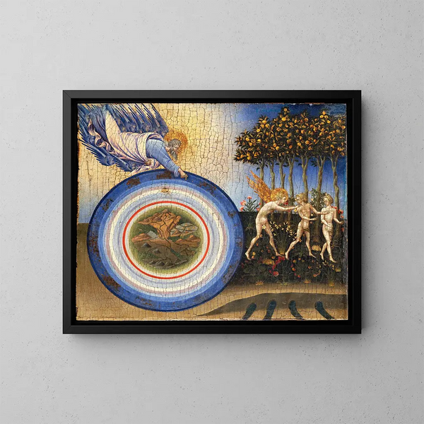 Die Schöpfung der Welt und die Vertreibung aus dem Paradies - Giovanni di Paolo — gerahmtes Bild an der Wand