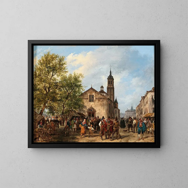 Una scena animata su una piazza del mercato - Giuseppe Canella — quadro incorniciato alla parete