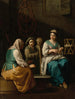Eine Allegorie des Winters mit einer jungen Frau beim Spinnen in einem Interieur und einer alten Frau und Kindern, die sich an einem Ofen wärmen - Giuseppe Gambarini — Ansicht des Kunstwerks