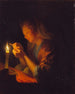 Mädchen, das mit einer Nadel im Kerzenschein arbeitet - Godfried Schalcken — Ansicht des Kunstwerks