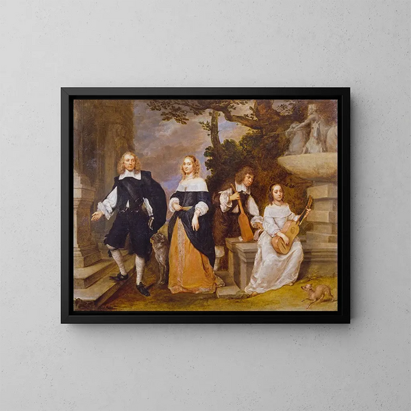 Eine Familiengruppe in der Nähe eines Brunnens - Gonzales Coques — gerahmtes Bild an der Wand