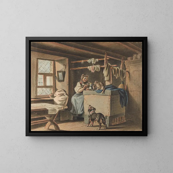 Frau beim Kaffeezubereiten - Gottfried Mind — gerahmtes Bild an der Wand