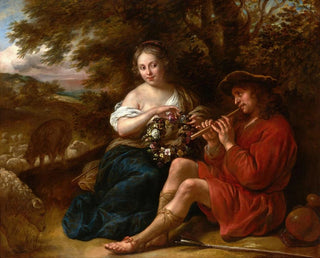 Govert Flinck - Elegant Shepherdess Listening to a Shepherd Playing the Recorder in an Arcadian Landscape.webp