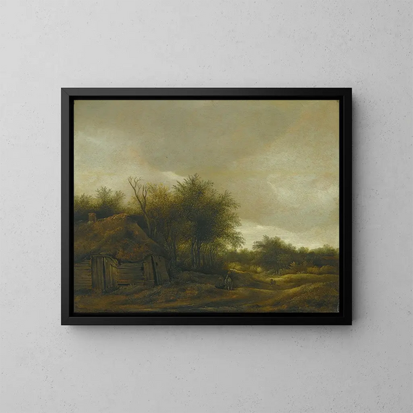 Ein Dünenlandschaft mit Figuren auf einem sandigen Weg in der Nähe eines Cottages - Guillam Dubois — gerahmtes Bild an der Wand