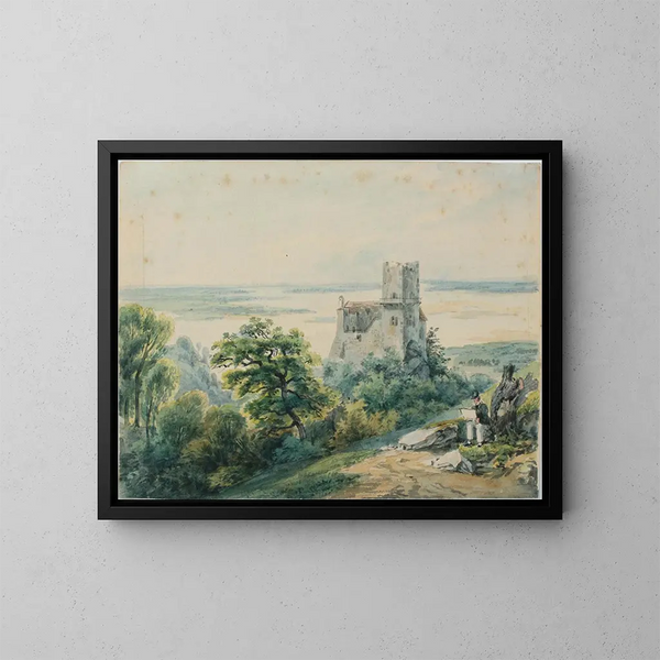 Landschaft am Meer mit Blick auf eine Ruine - Gustav Barbarini — gerahmtes Bild an der Wand