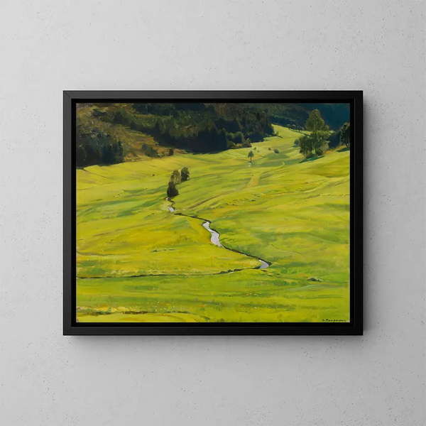 sonniges Tal mit Wald und Bach - Gustav Kampmann — gerahmtes Bild an der Wand