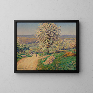Gustave Cariot - An extensive landscape with a figure walking on a road.webp