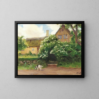 Hans Andersen Brendekilde - Blomstrende hyldebusk og hund ved indgangen til en strtkt grd i landsbyen.webp