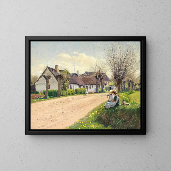 Mädchen im Dorf mit Mädchen am Straßenrand - Hans Andersen Brendekilde — gerahmtes Bild an der Wand