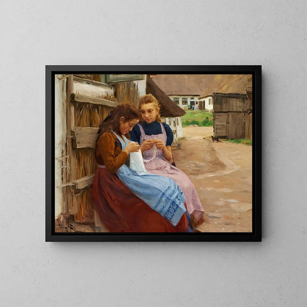 Des filles avec des travaux manuels assises sur une place de village - Hans Andersen Brendekilde — gerahmtes Bild an der Wand