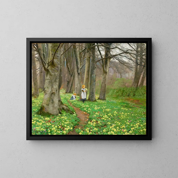 Das Kinderpflücken von Blumen im Frühlingswald - Hans Andersen Brendekilde — gerahmtes Bild an der Wand