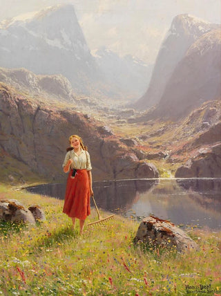 Hans Andreas Dahl - Summer by the Norwegian fjord girl returning home with a rake and box.webp