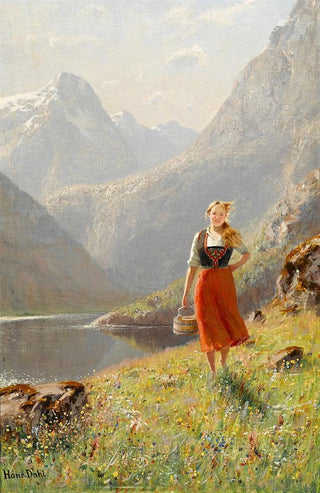 Hans Dahl - A young girl with a basket in the mountains.webp