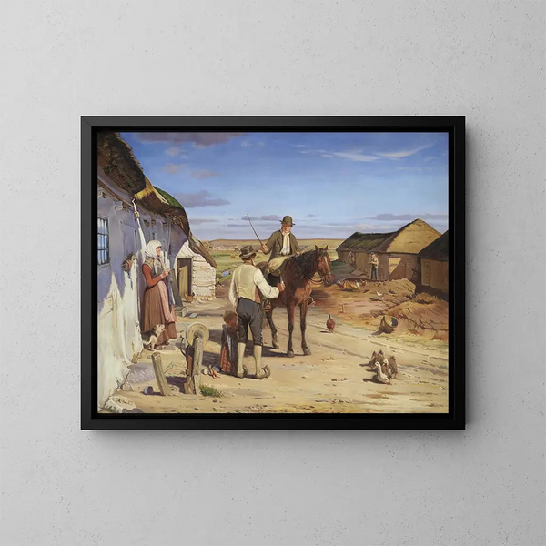Ein Fremder bittet auf einer Farm in den Heidelandschaften um den Weg - Hans Smidth — gerahmtes Bild an der Wand
