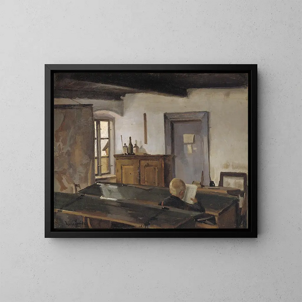 In einem Klassenzimmer mit einem Jungen, der liest - Hans Smidth — gerahmtes Bild an der Wand