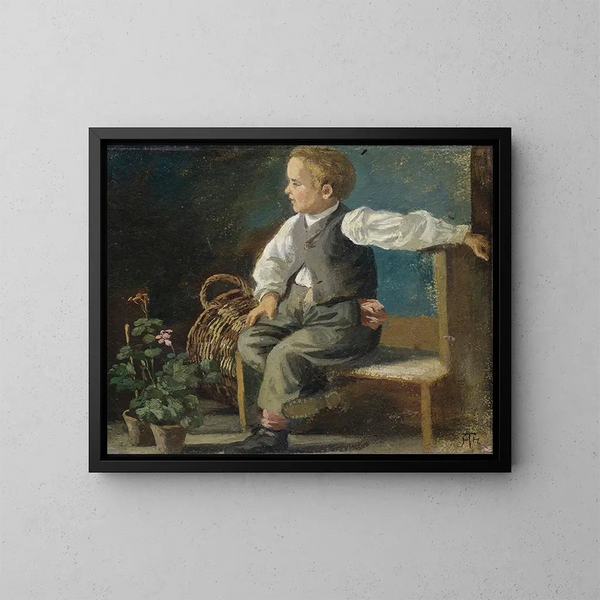 Un jeune garçon seduto su una panchina con vasi di fiori e un cesto di vimini - Hans Thoma — quadro incorniciato alla parete