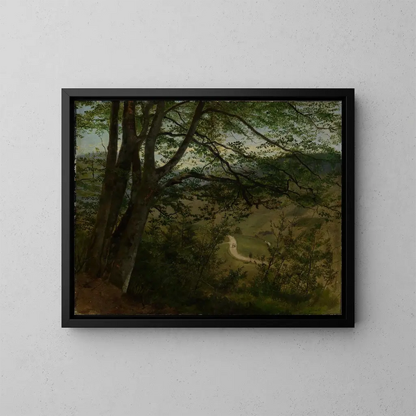 Vista attraverso gli alberi e i cespugli sulla valle - Hans Thoma — quadro incorniciato alla parete