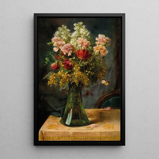 Hans Zatzka - A Bouquet of Flowers with Tulips and Carnations in a Glass Vase with Butterfly.webp
